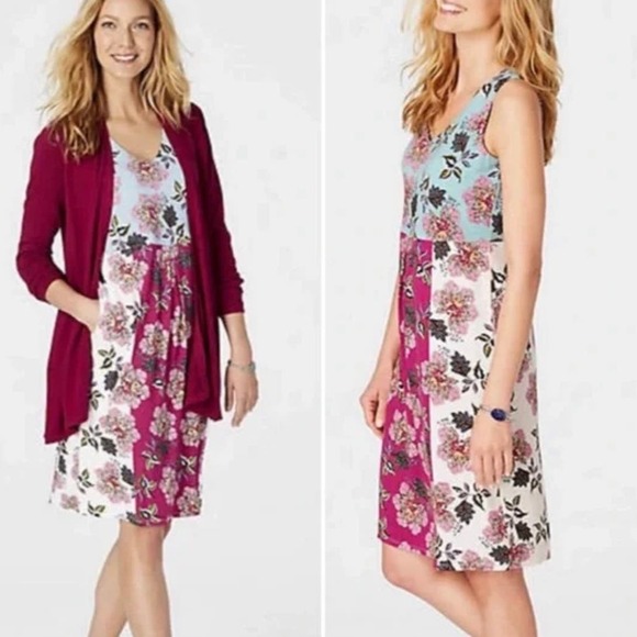 J. Jill Printed Color Block Bright Spring Floral Jersey Knit Dress Sleeveless M - Picture 7 of 16